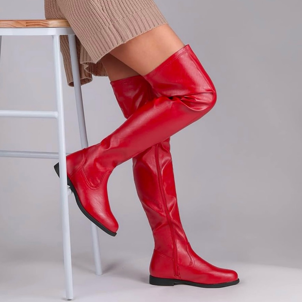 RED OVER THE KNEE STRETCH BOOTS